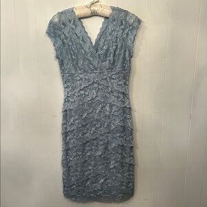 MARINA Slate Blue Lace V-Neck Tiered Midi Dress